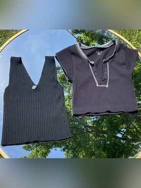Urban Outfitters Black Ribbed V-Neck Tank & Black Trim Henley Top